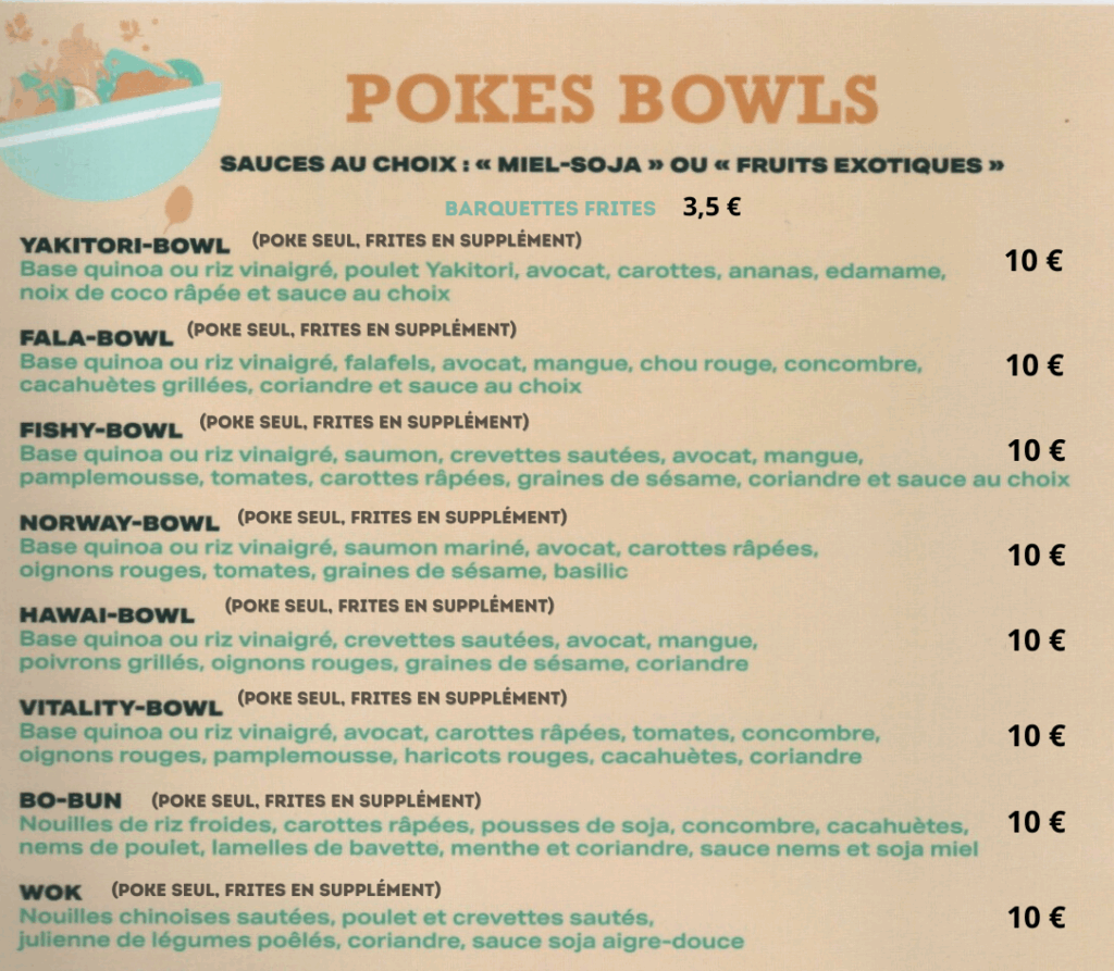 Carte livraison des tacos et poke bowls à la brasserie O’Campus à Saint-Martin-d’Hères, au coeur du campus universitaire