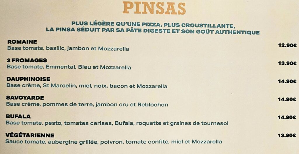 Carte des pinsas à la brasserie O’Campus à Saint-Martin-d’Hères, au cœur du campus universitaire