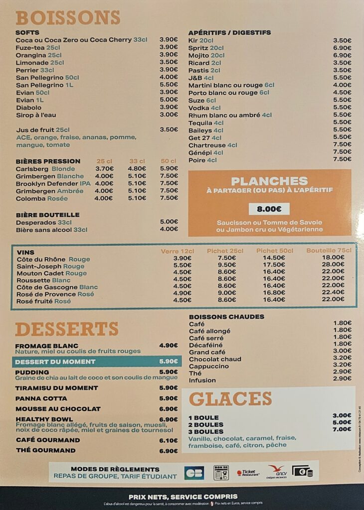 Carte des boissons de la brasserie O’Campus à Saint-Martin-d’Hères – chaudes, fraîches et locales