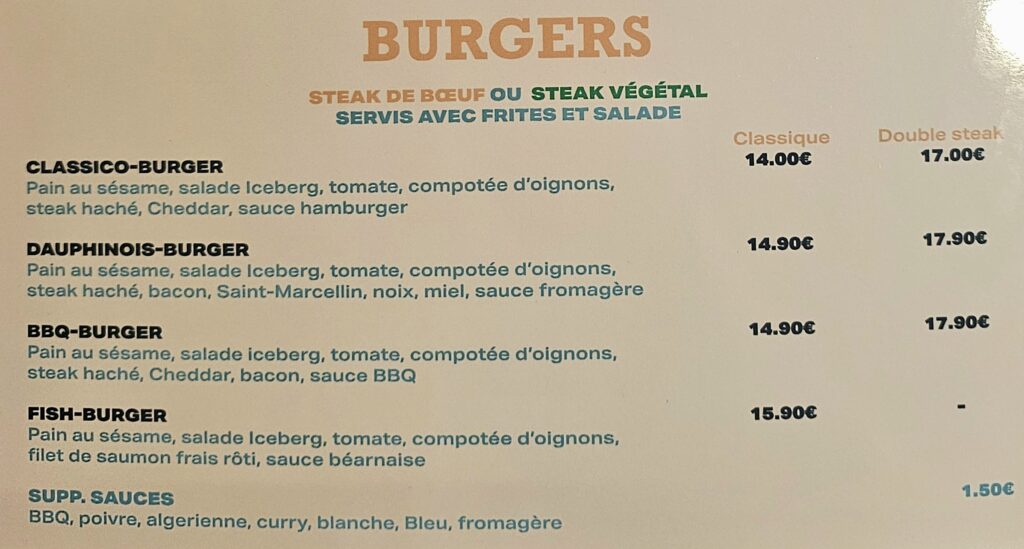Carte des burgers de la brasserie O’Campus à Saint-Martin-d’Hères